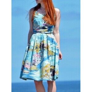 Boden Nancy Riviera Hattie Tea Dress UK 8L US 4L Pockets Beach theme Blue